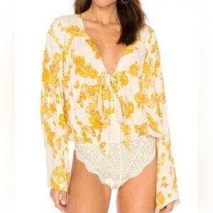 FREE PEOPLE INTIMATELY forties feels bodysuit floral Bell Sleeve Low Cut Neck